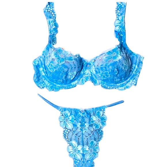 Victoria's Secret Other - VICTORIA’S SECRET VINTAGE 2K Blue Floral Lace Demi Bra(36C) & G-String(M) Set